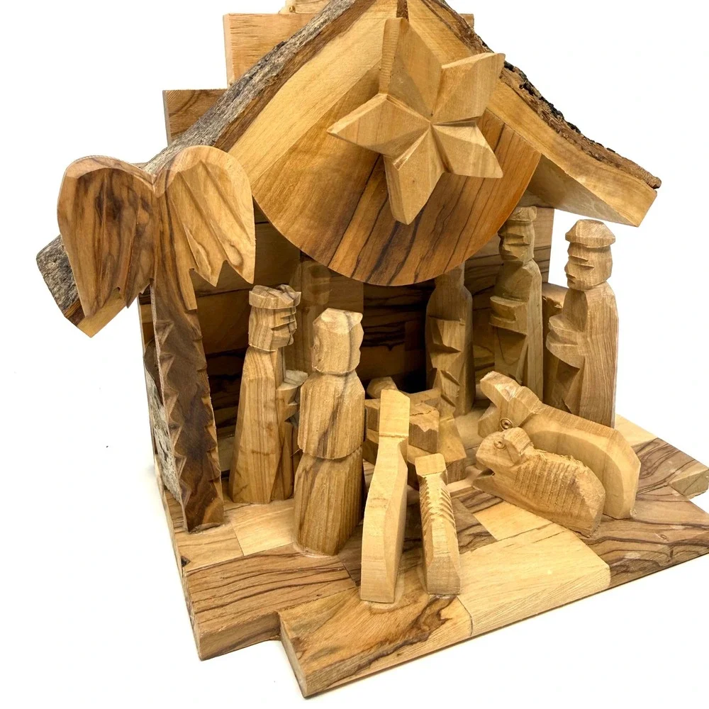 Hand Carved Olive Wood Nativity Scene Stable Creche Music Box Christmas Decor‎